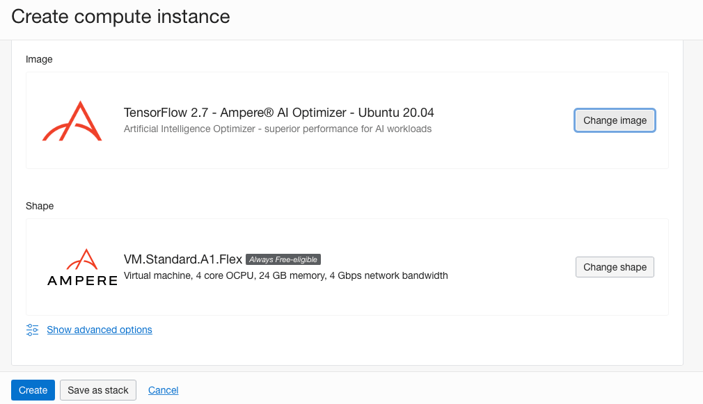 Tensorflow 2.7 – Ampere AI Optimizer – Ubuntu 20.04 image selected