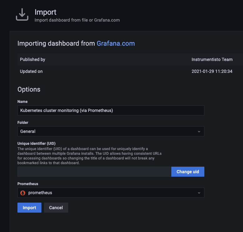 Grafana import screen Grafana import screen